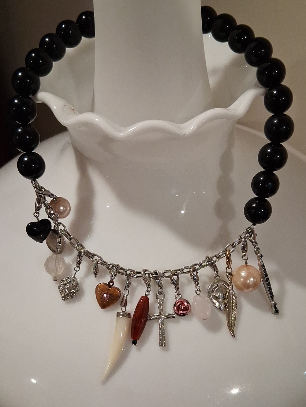 Silvertone &  Black Bead Charm Necklace with Mixed Charms
